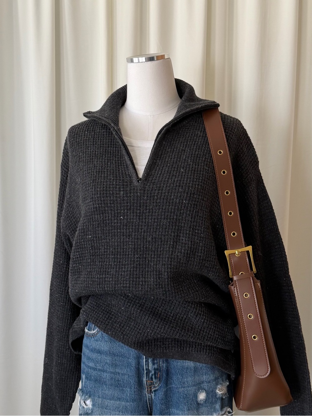 Vintage 1990s Structure Knit Half Zip Sweater Charcoal Grey XL NWT.